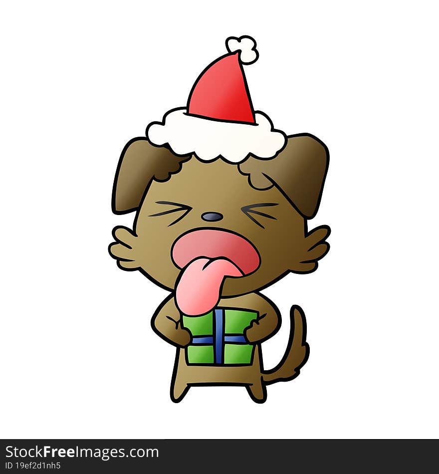 gradient cartoon of a dog with christmas present wearing santa hat