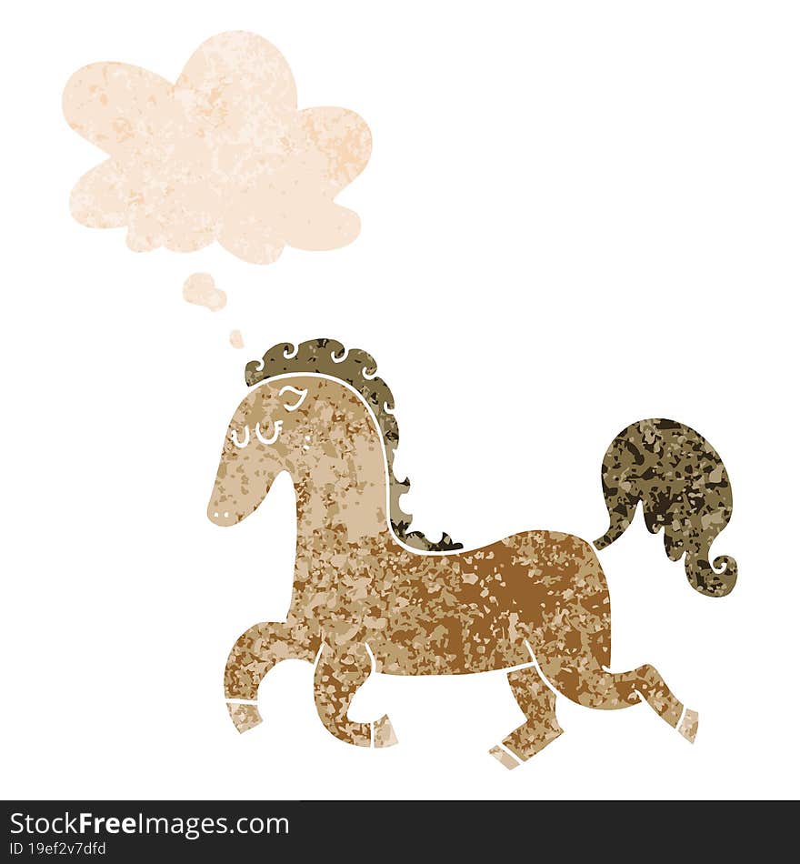 cartoon horse running and thought bubble in retro textured style