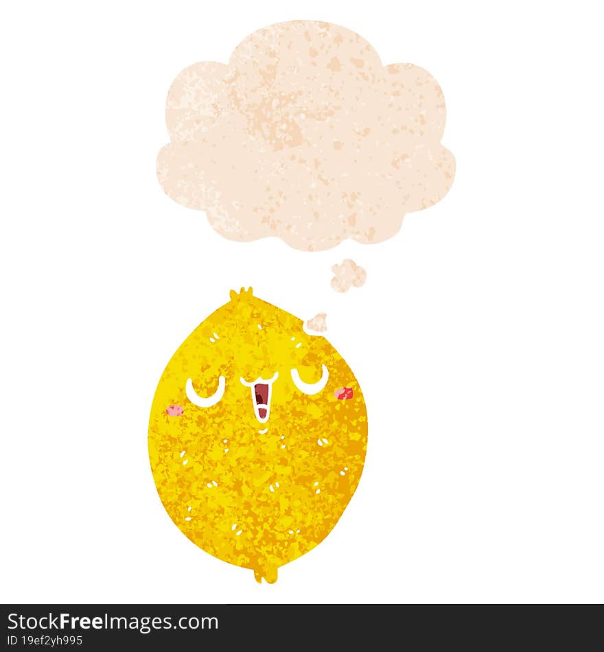 cartoon happy lemon and thought bubble in retro textured style