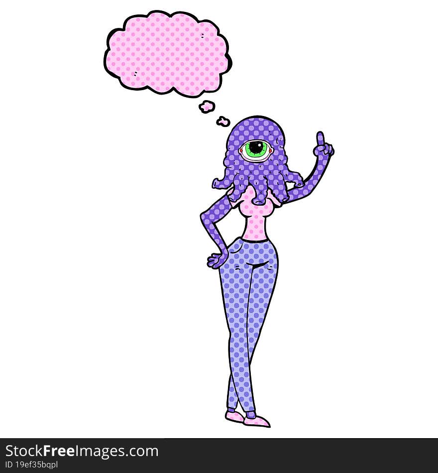 thought bubble cartoon female alien with raised hand