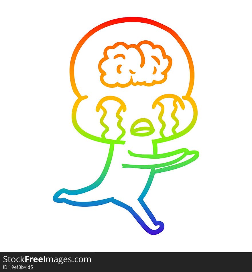 rainbow gradient line drawing cartoon big brain alien crying