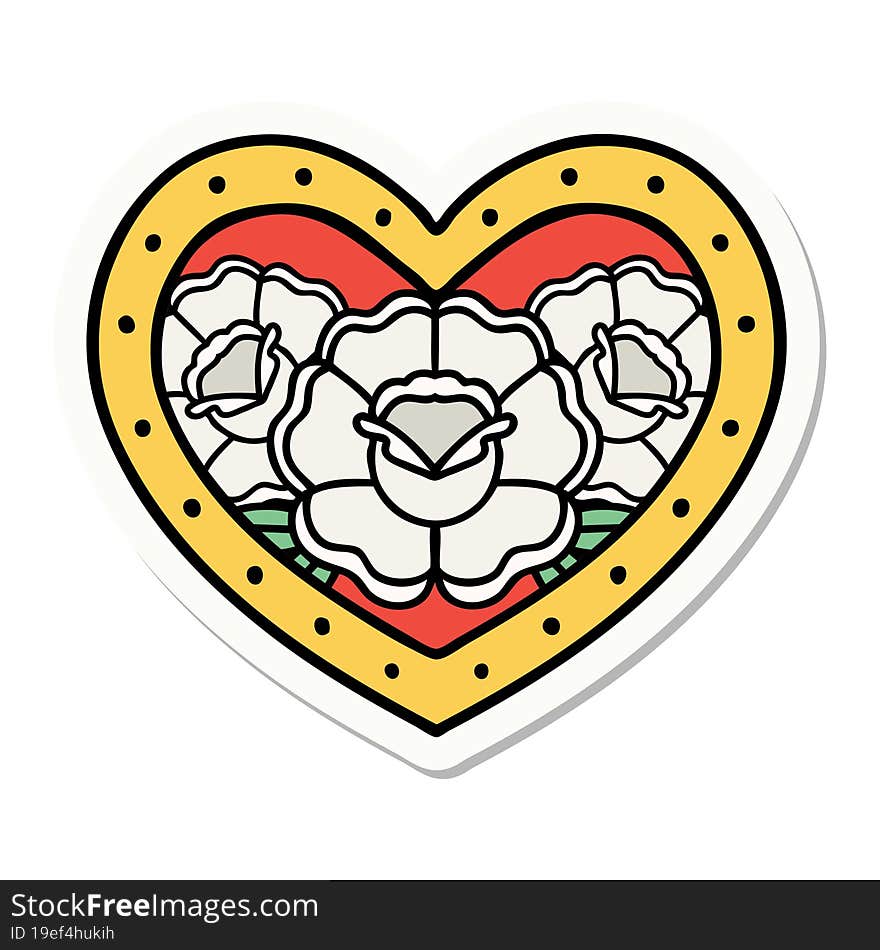 sticker of tattoo in traditional style of a heart and flowers. sticker of tattoo in traditional style of a heart and flowers