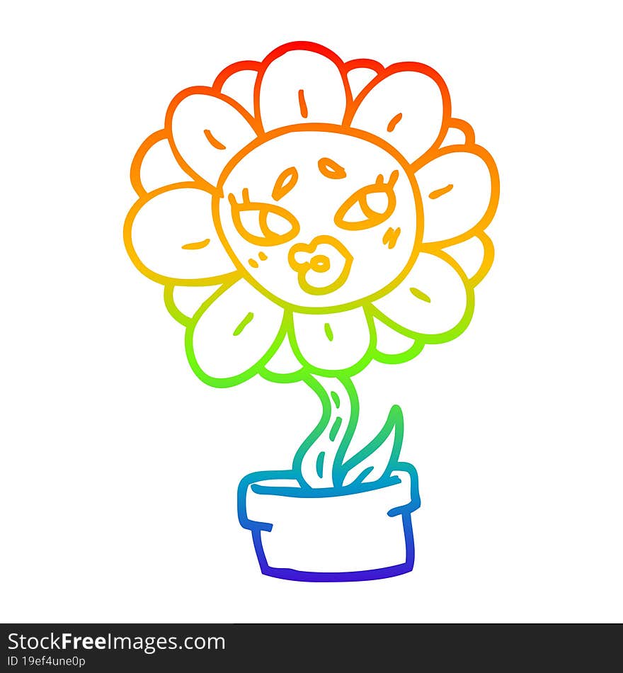 Rainbow Gradient Line Drawing Cartoon Flower Pot