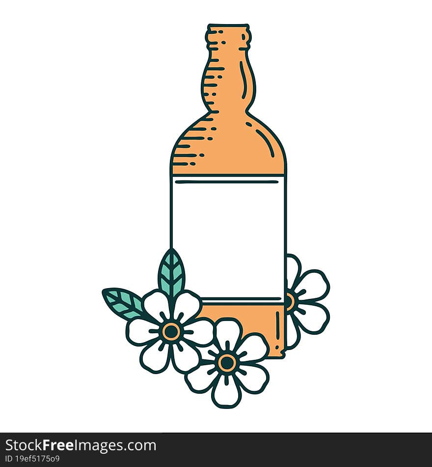 tattoo style icon of a rum bottle and flowers