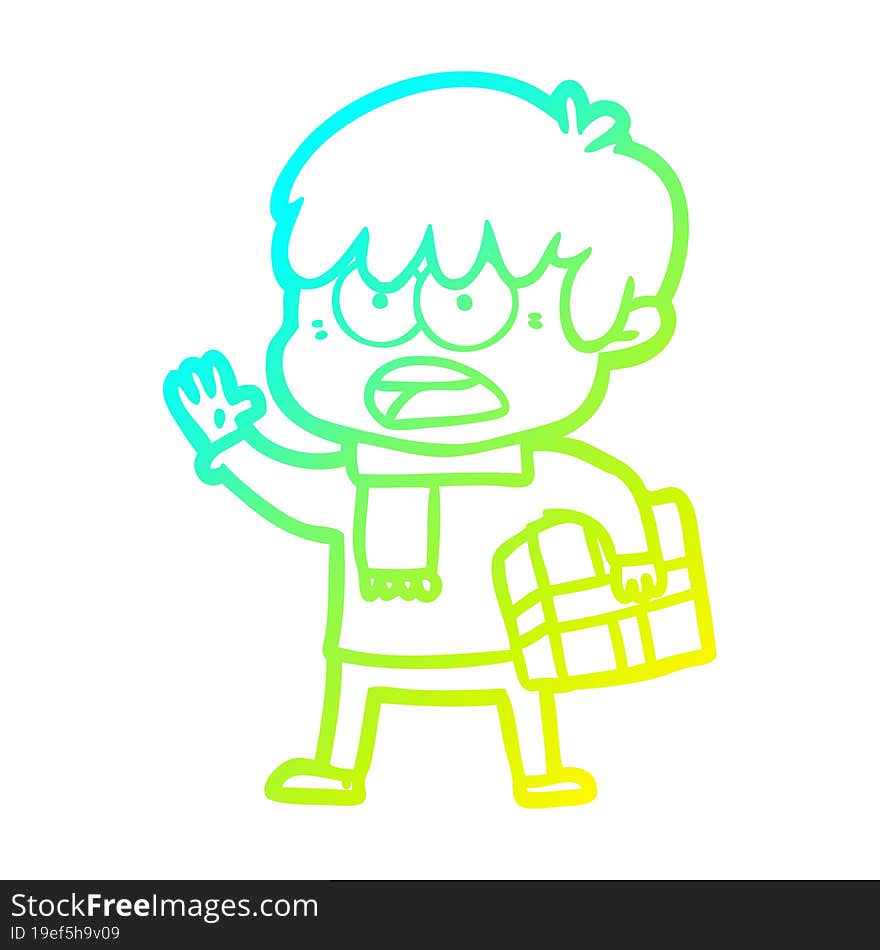 Cold Gradient Line Drawing Worried Cartoon Boy