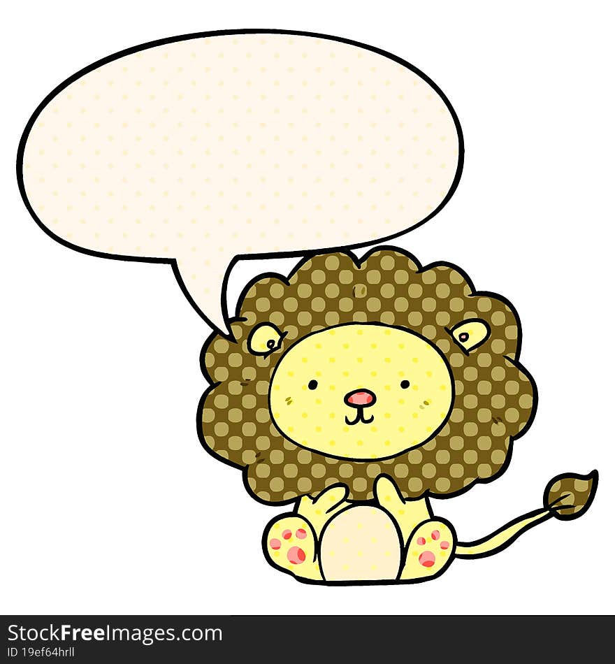 cute cartoon lion and speech bubble in comic book style