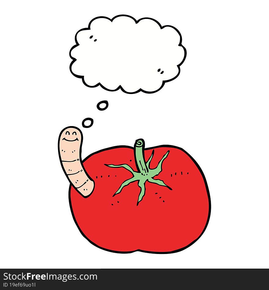 cartoon tomato with worm with thought bubble