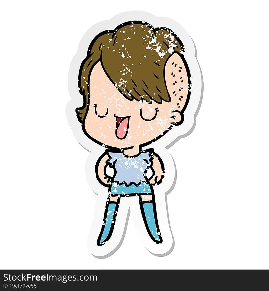 Distressed Sticker Of A Cute Cartoon Girl With Hipster Haircut