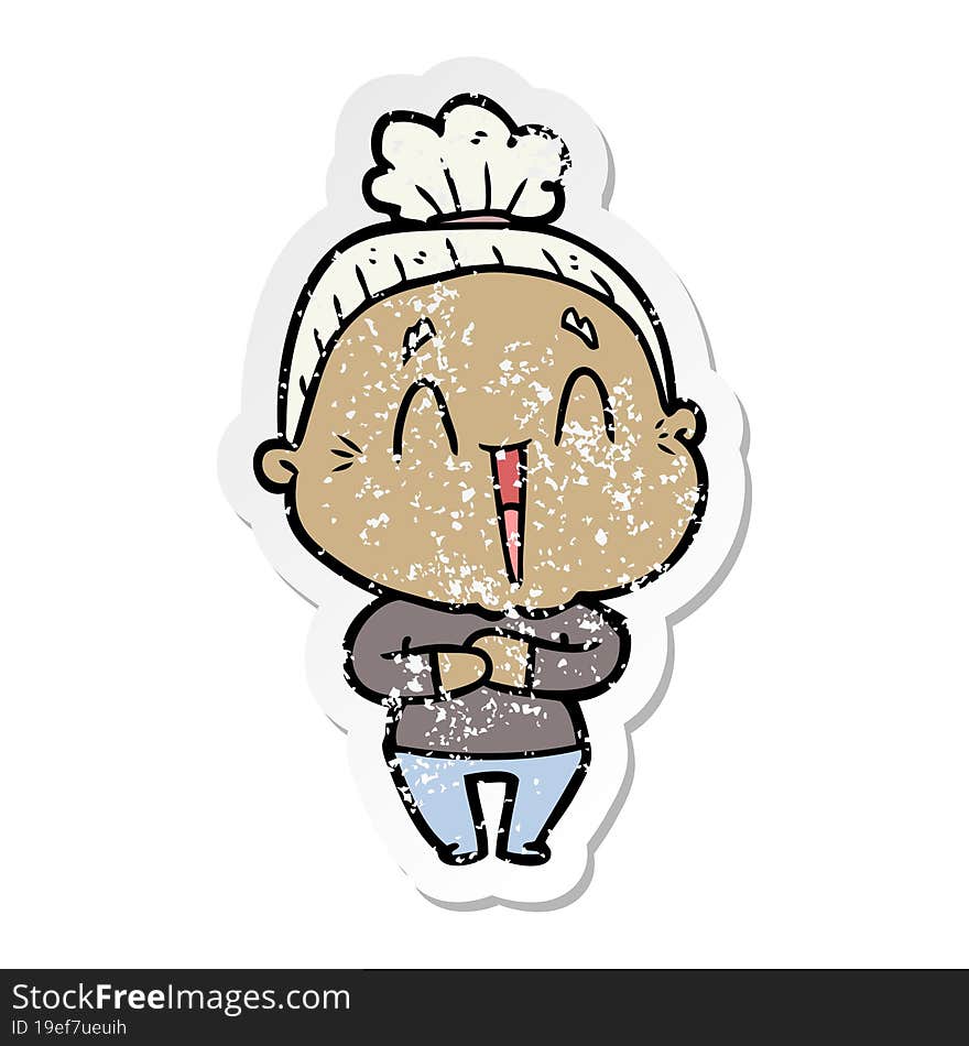 Distressed Sticker Of A Cartoon Happy Old Lady