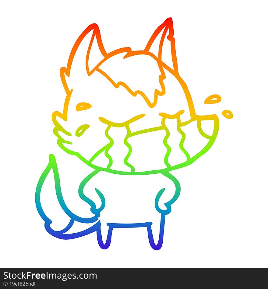 rainbow gradient line drawing of a cartoon crying wolf