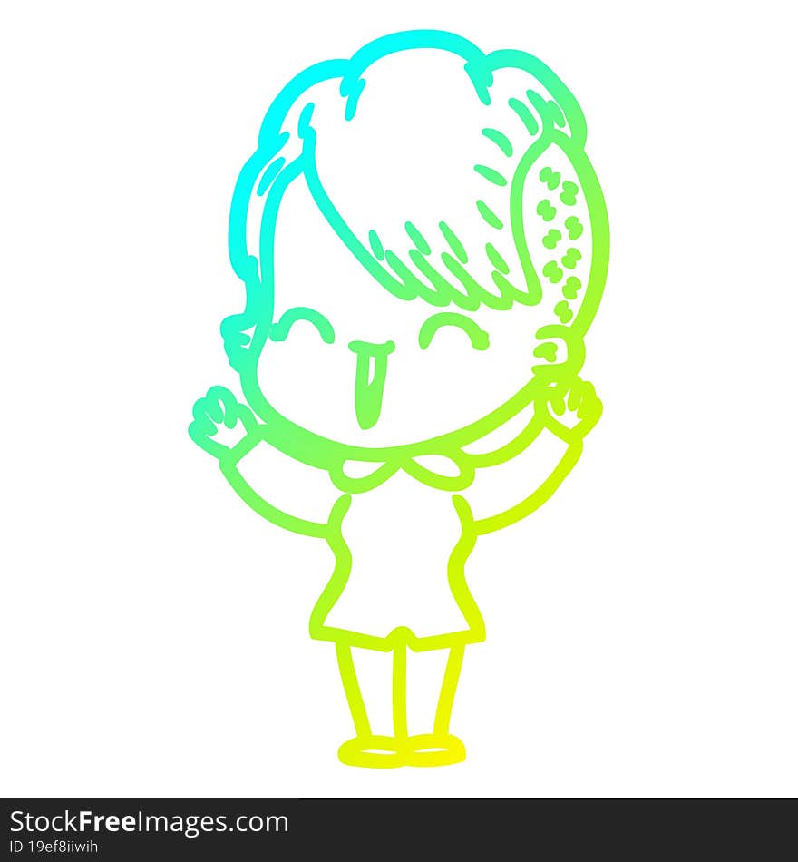 cold gradient line drawing of a cartoon happy hipster girl