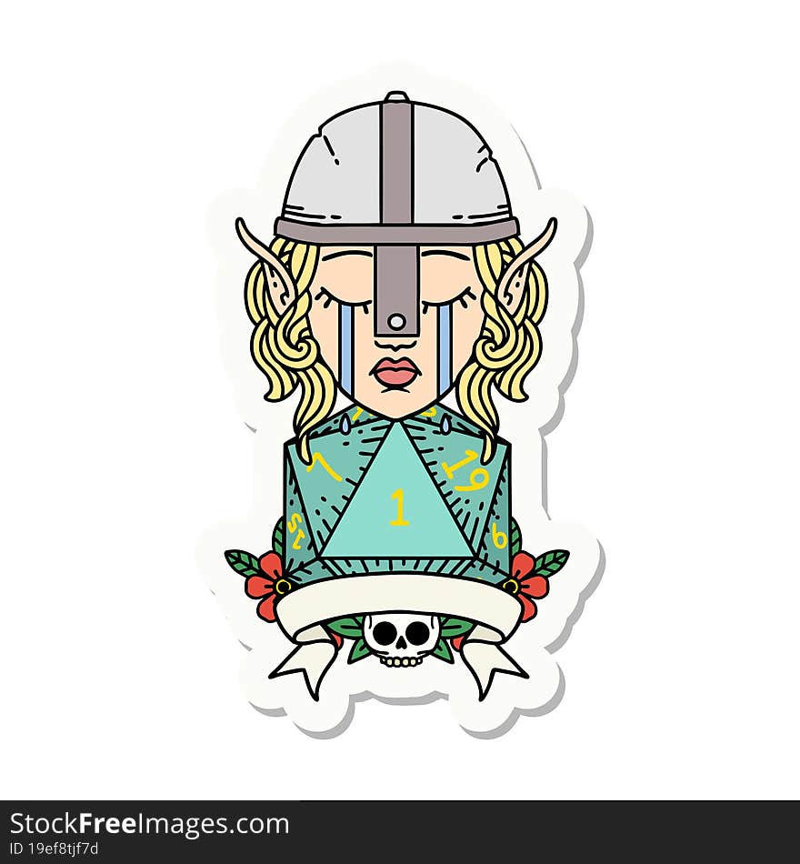 crying elf fighter character face with natural one D20 roll sticker