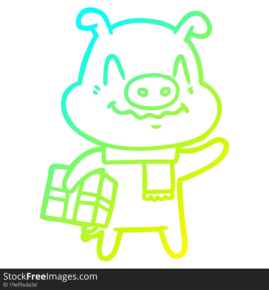 cold gradient line drawing of a nervous cartoon pig with present