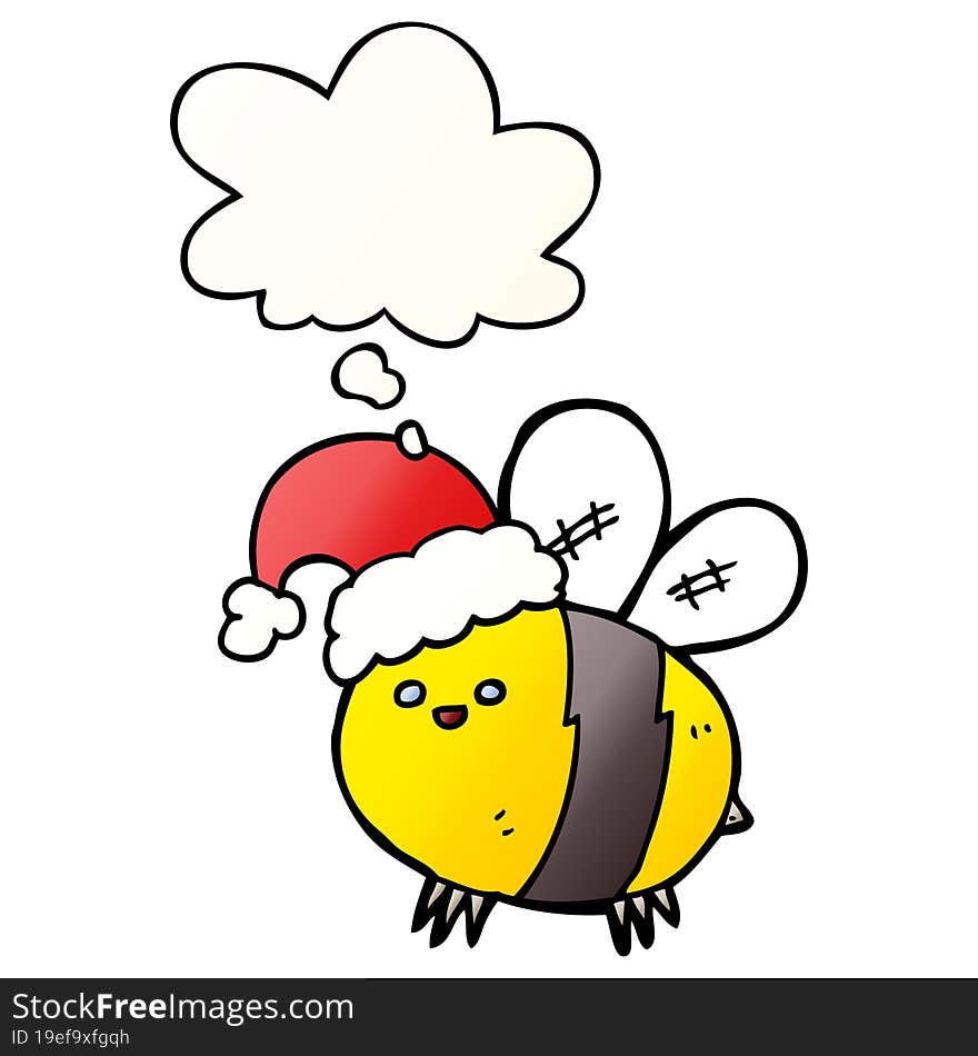 cute cartoon bee wearing christmas hat and thought bubble in smooth gradient style