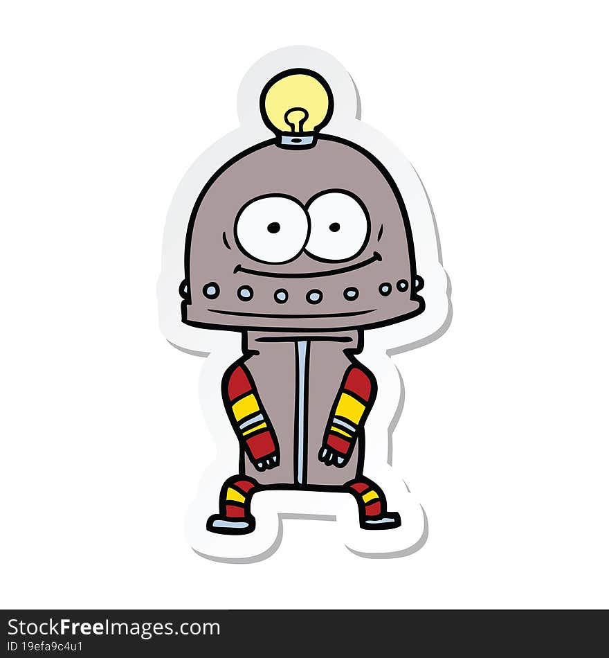 sticker of a happy carton robot with light bulb