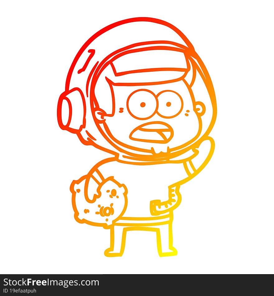 Warm Gradient Line Drawing Cartoon Surprised Astronaut Holding Moon Rock