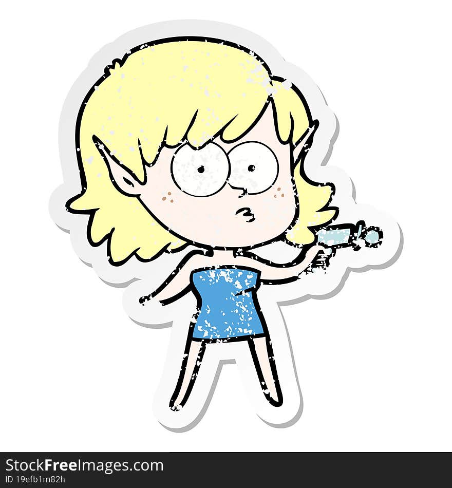 distressed sticker of a cartoon elf girl with ray gun