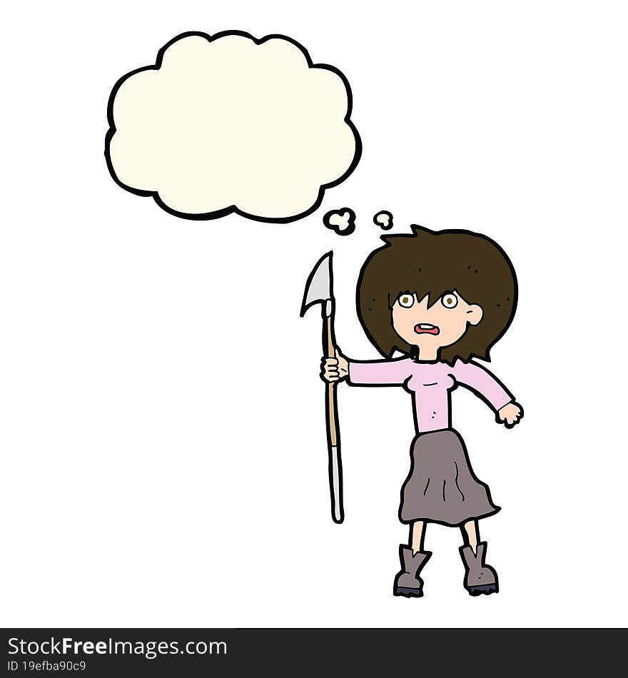 cartoon woman with harpoon with thought bubble