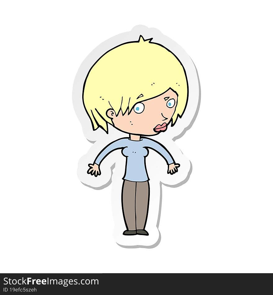 sticker of a cartoon woman shrugging