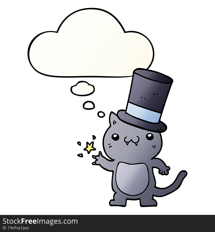 cartoon cat wearing top hat and thought bubble in smooth gradient style