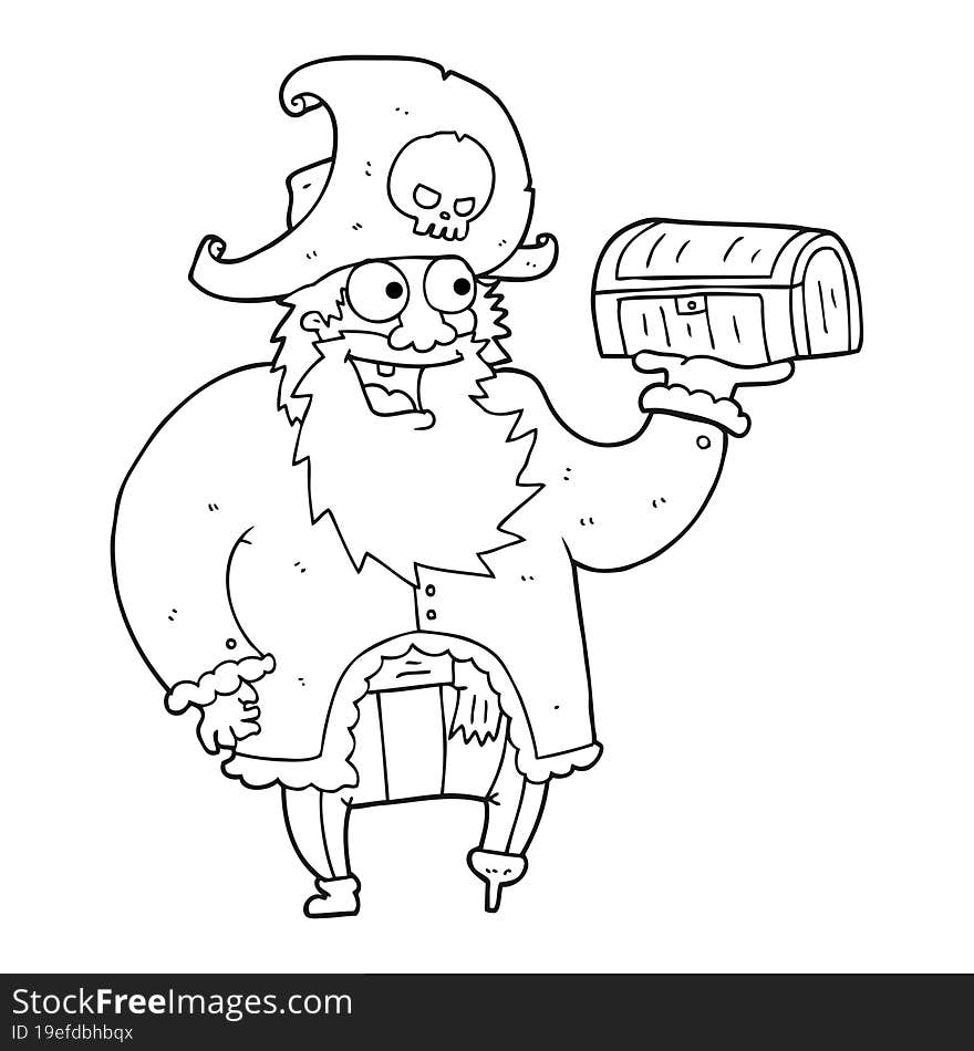 black and white cartoon pirate captain with treasure chest