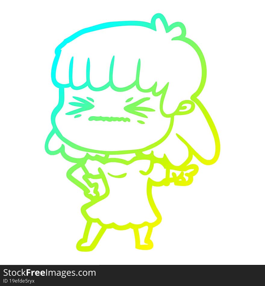 cold gradient line drawing of a cartoon angry girl