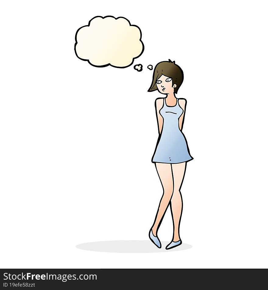 cartoon pretty woman in dress with thought bubble