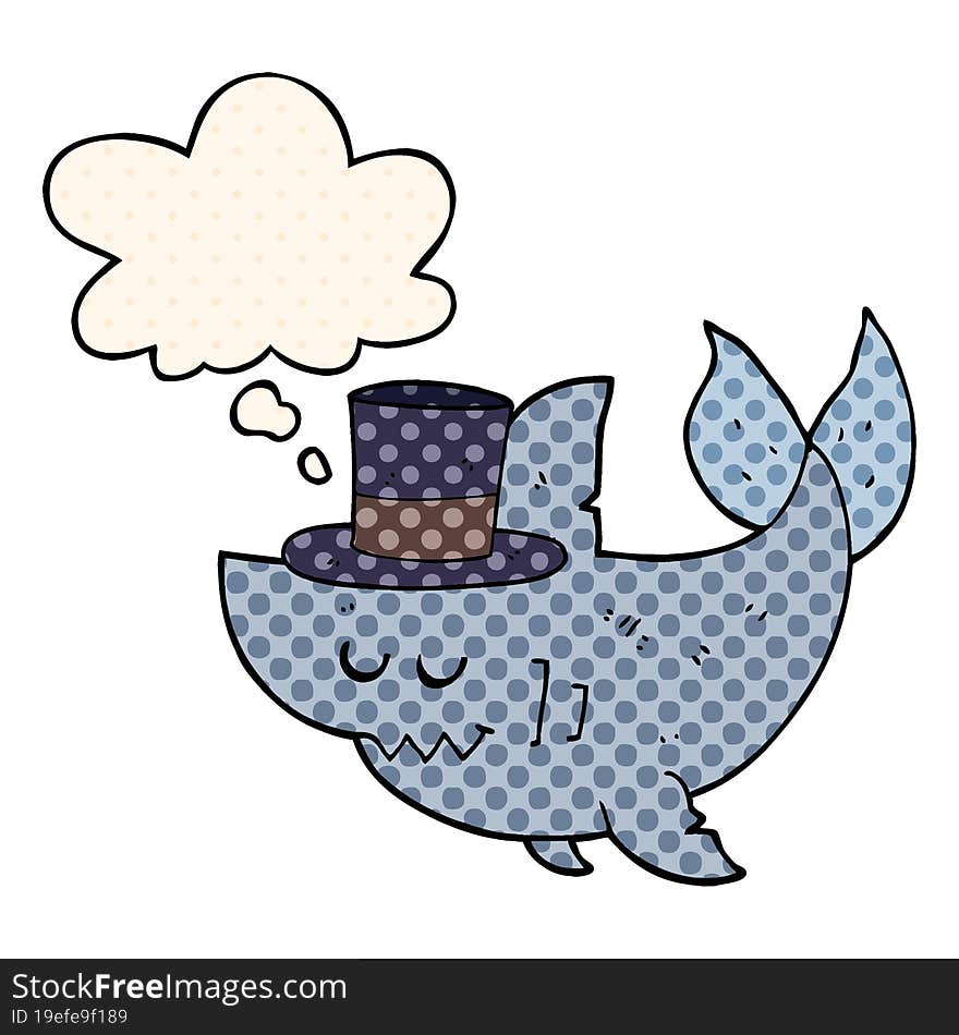 cartoon shark wearing top hat and thought bubble in comic book style