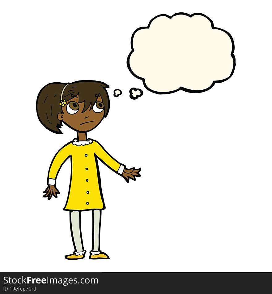 cartoon worried girl with thought bubble