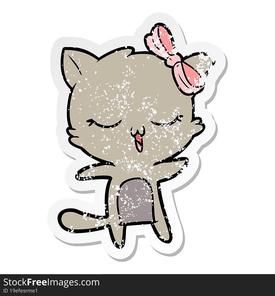 distressed sticker of a cartoon cat with bow on head