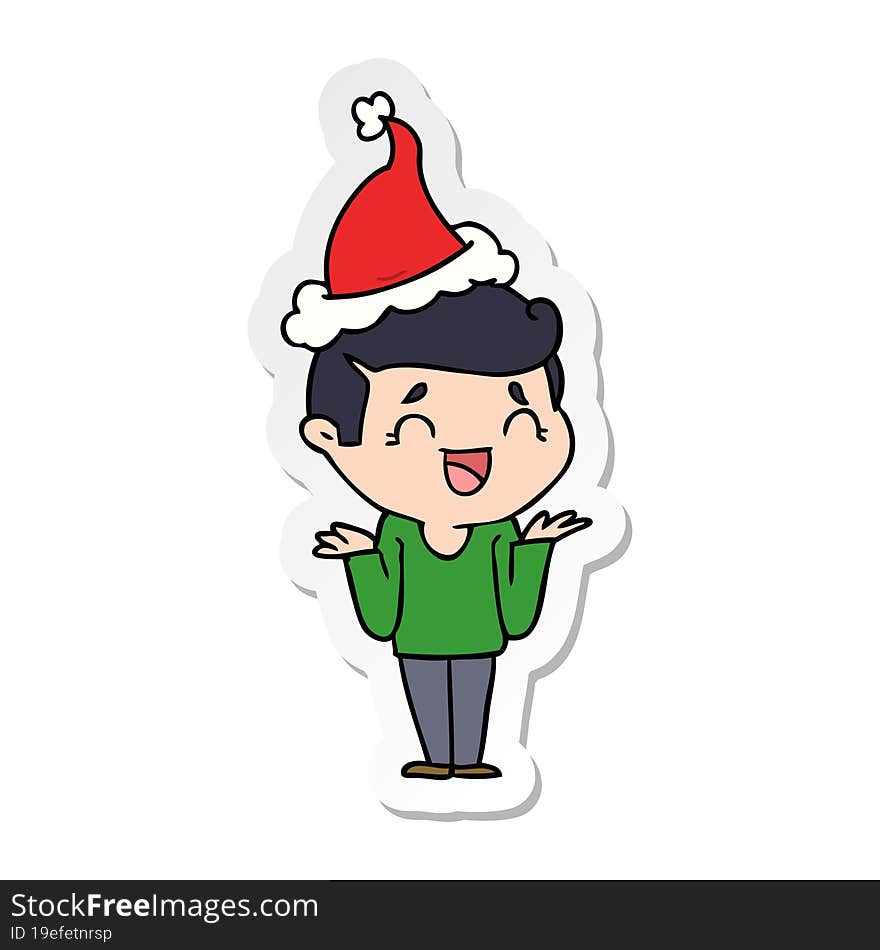 Sticker Cartoon Of A Laughing Confused Man Wearing Santa Hat