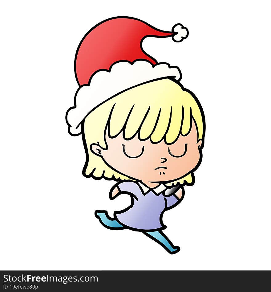 hand drawn gradient cartoon of a woman wearing santa hat