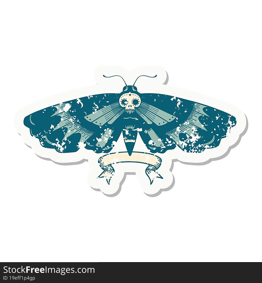 grunge sticker with banner of a deaths head moth