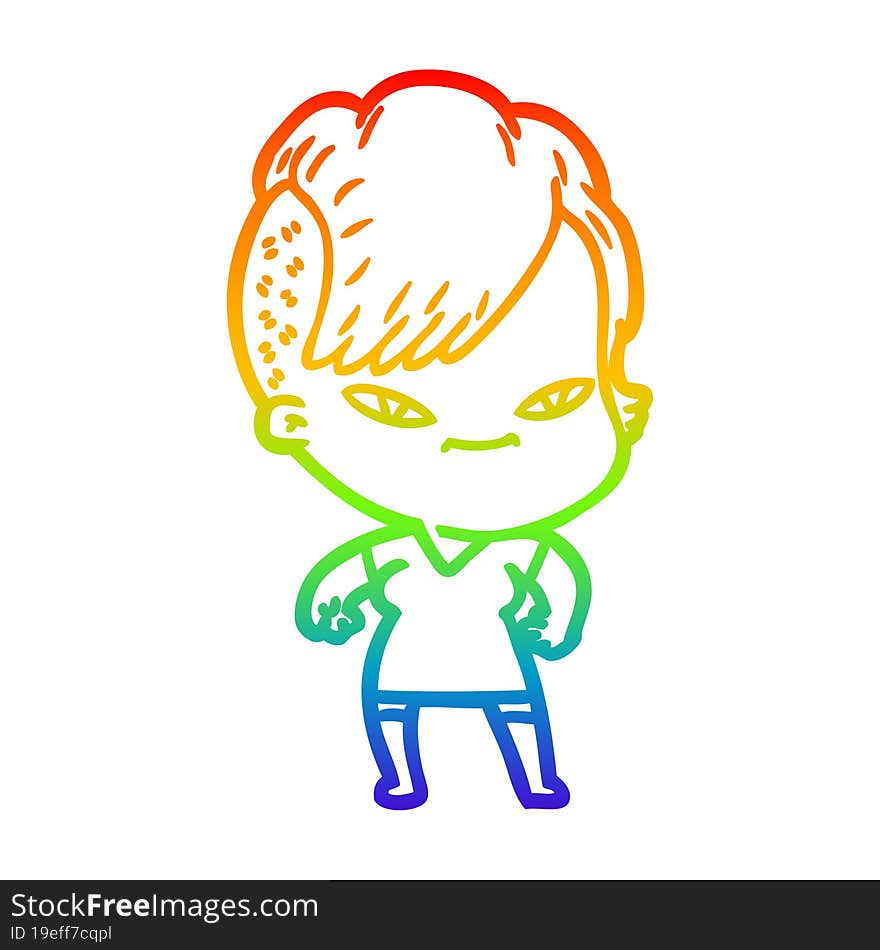 Rainbow Gradient Line Drawing Cute Cartoon Girl With Hipster Haircut