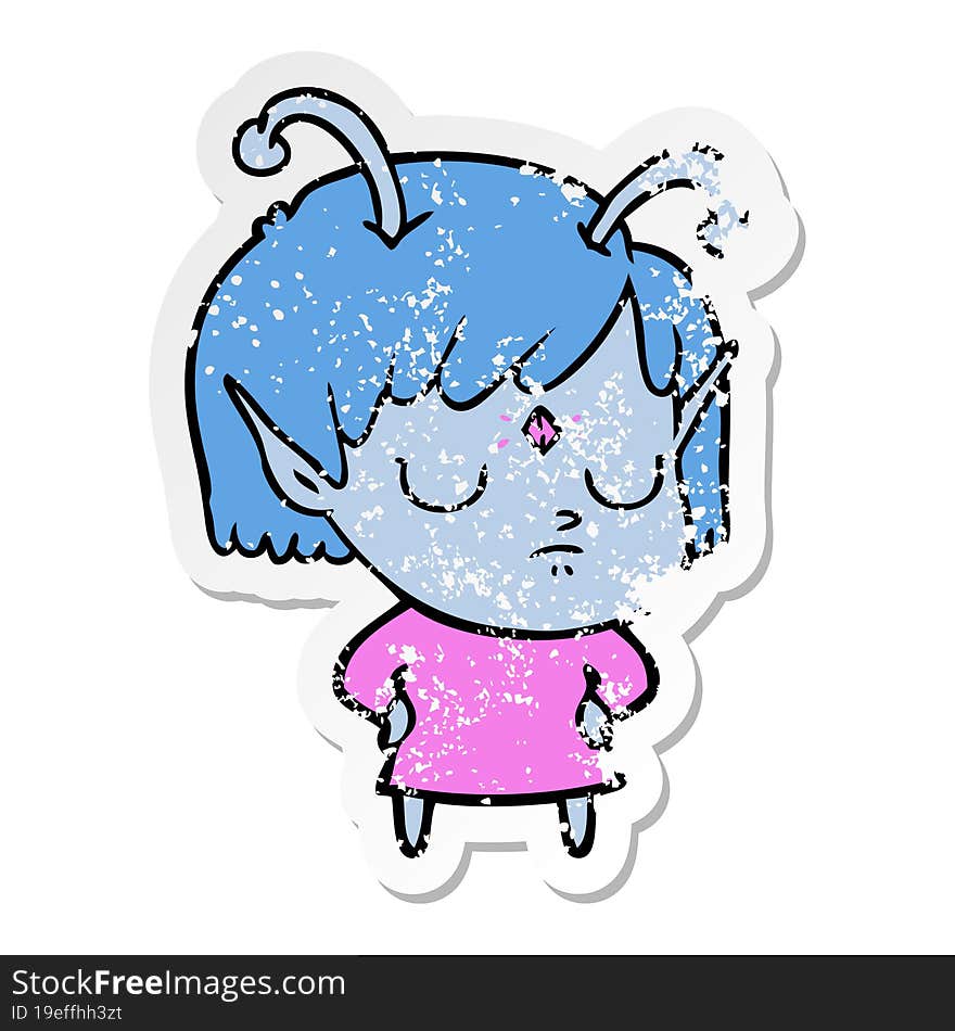 distressed sticker of a cartoon alien girl