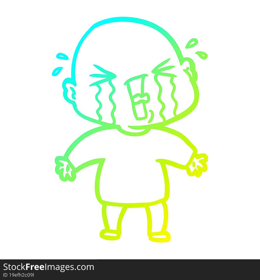 cold gradient line drawing cartoon crying bald man