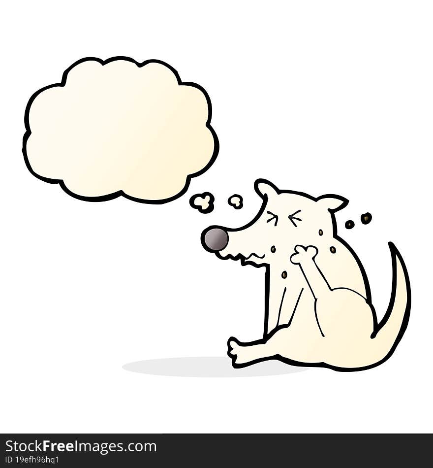 cartoon dog scratching with thought bubble