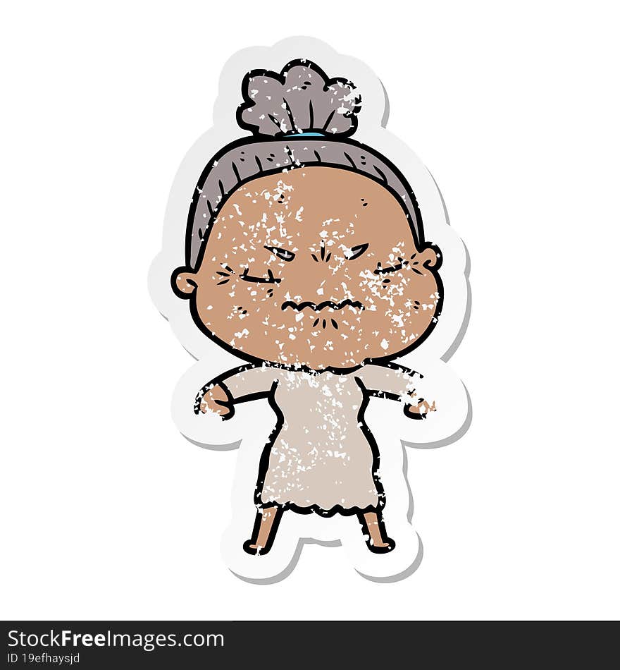 distressed sticker of a cartoon annoyed old lady