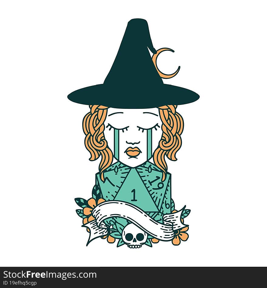 Crying Human Witch With Natural D20 Roll Illustration