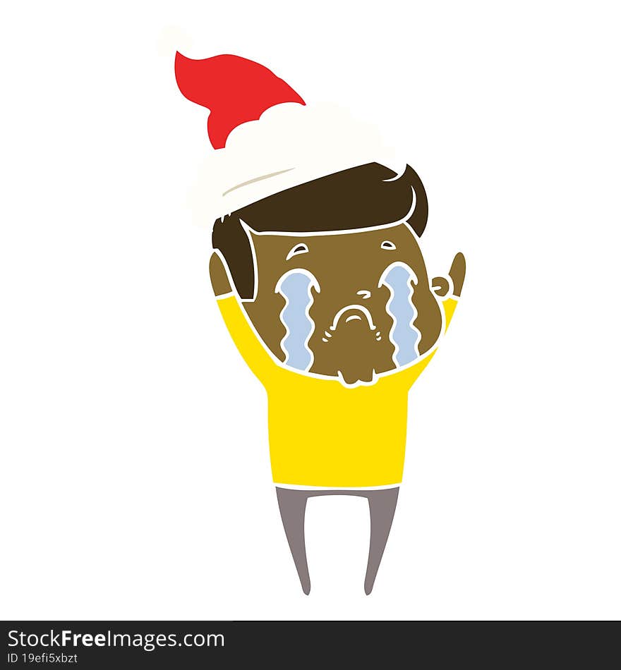 hand drawn flat color illustration of a man crying wearing santa hat