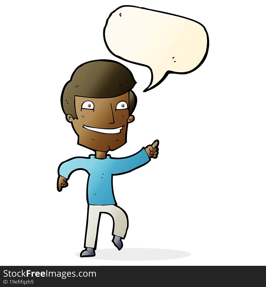 cartoon happy man pointing with speech bubble