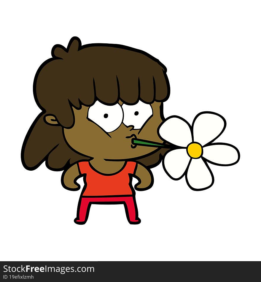 cartoon girl with flower in mouth. cartoon girl with flower in mouth