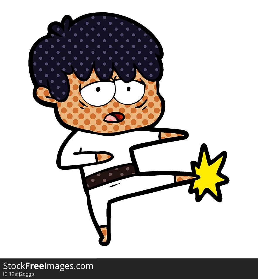 cartoon exhausted boy doing karate. cartoon exhausted boy doing karate