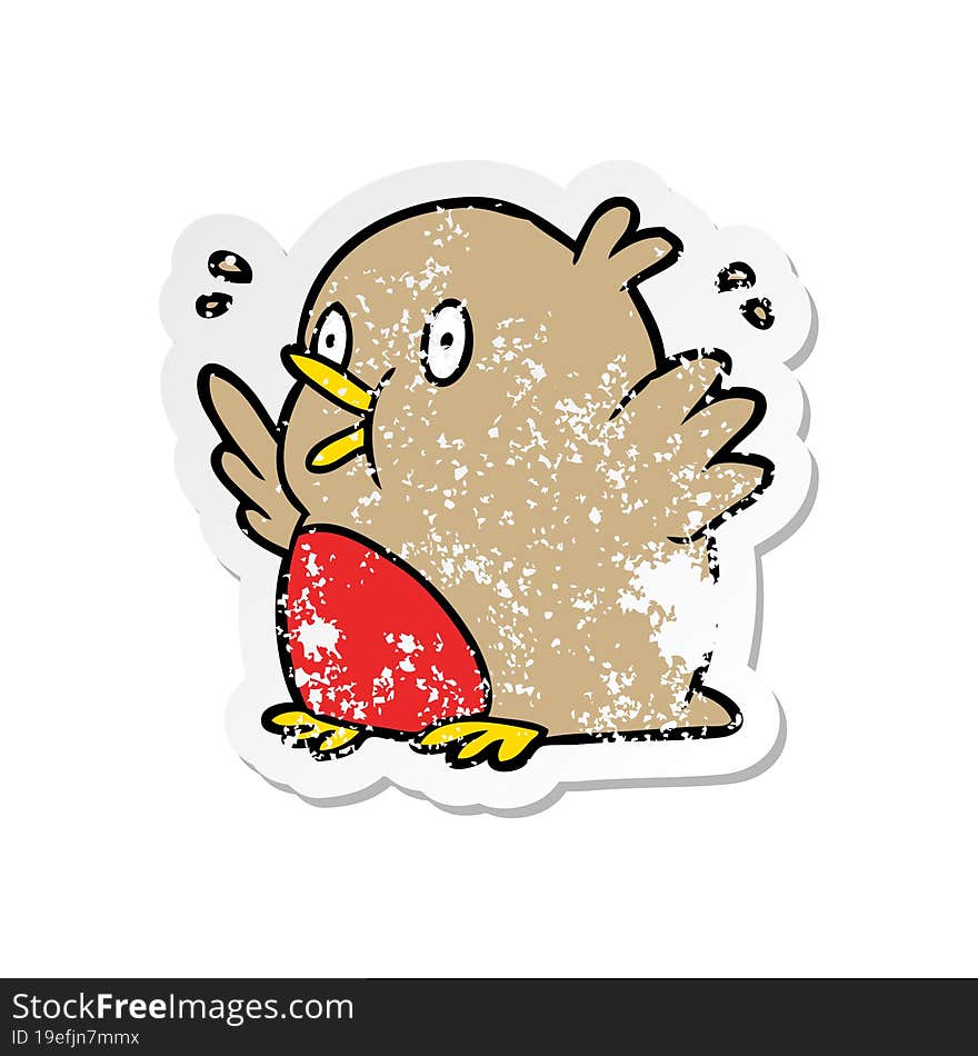 distressed sticker of a cartoon excited robin