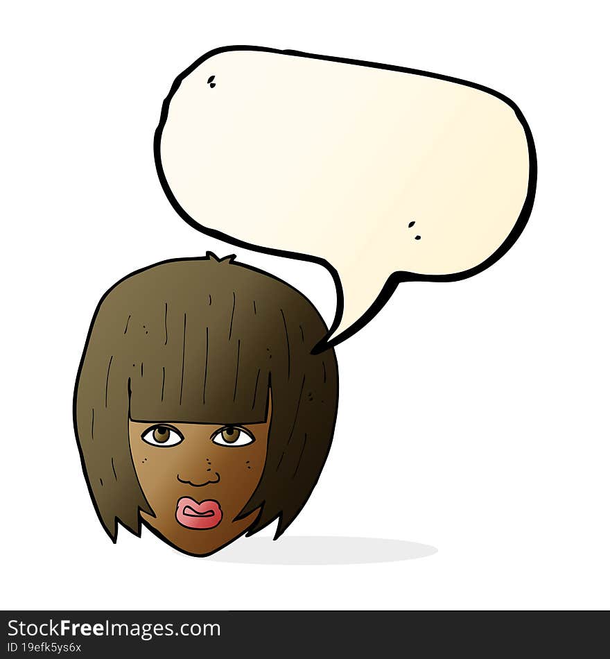 cartoon annoyed girl with big hair with speech bubble