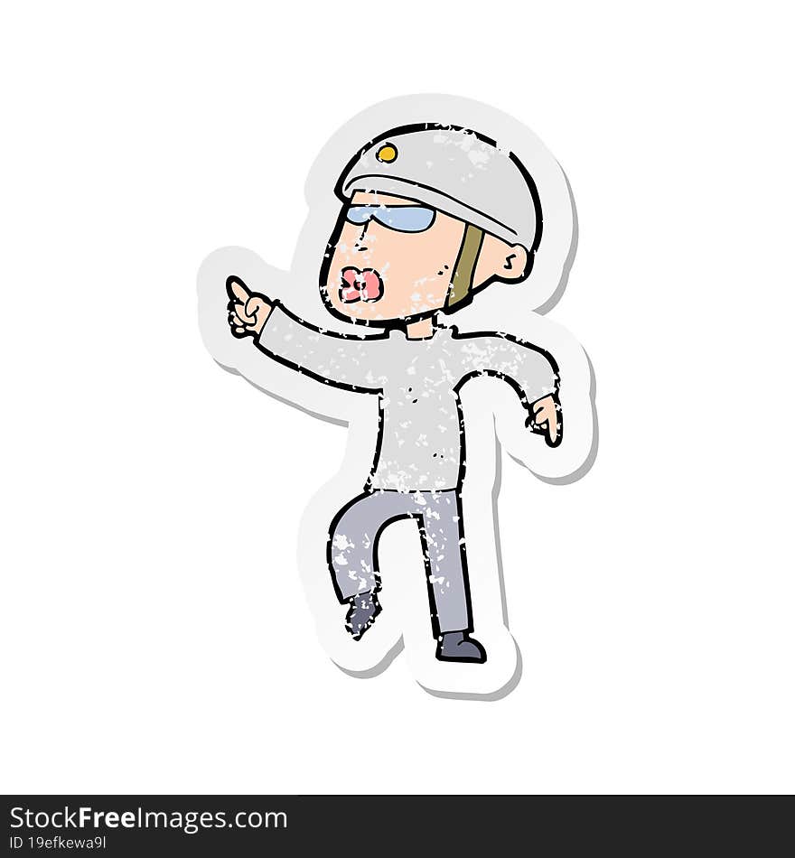 retro distressed sticker of a cartoon man in bike helmet pointing