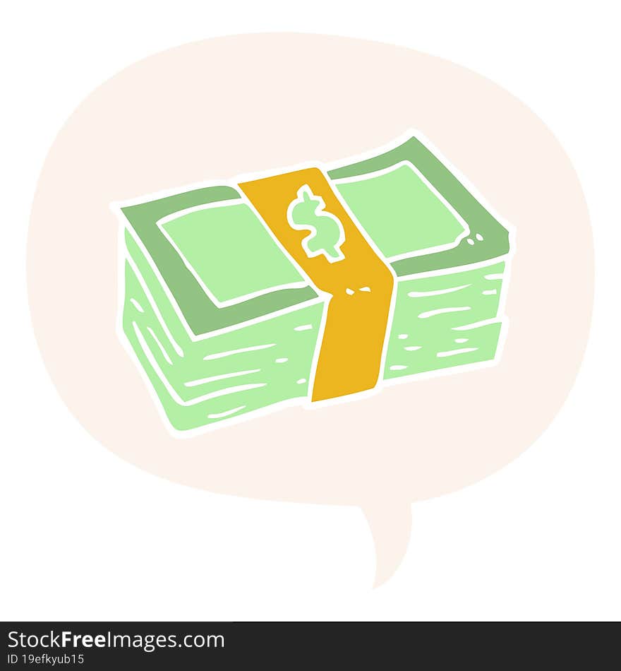 cartoon stack of cash and speech bubble in retro style