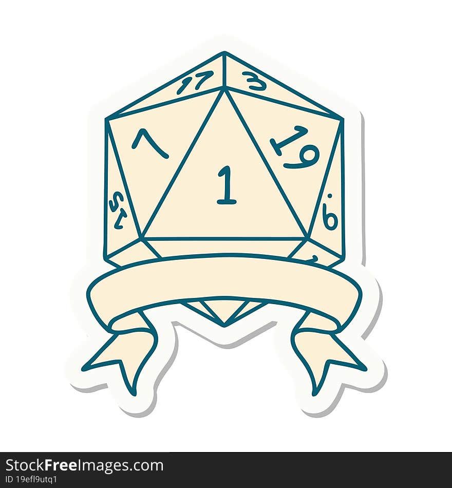 sticker of a natural one d20 dice roll. sticker of a natural one d20 dice roll