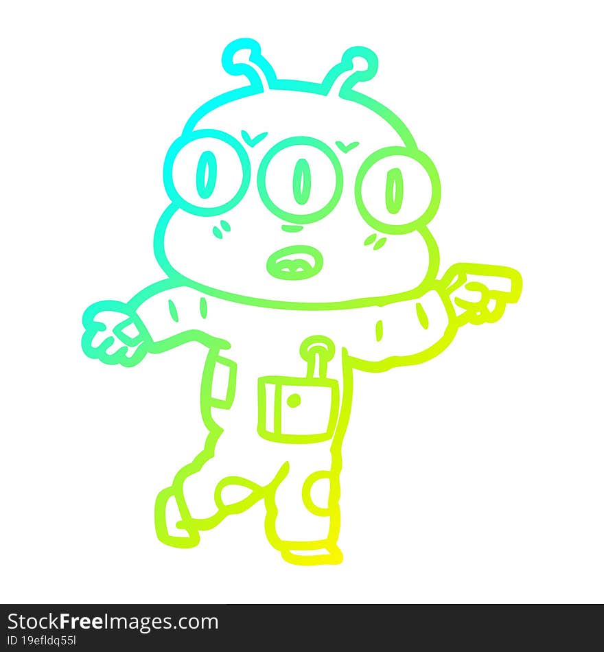 cold gradient line drawing cartoon three eyed alien pointing