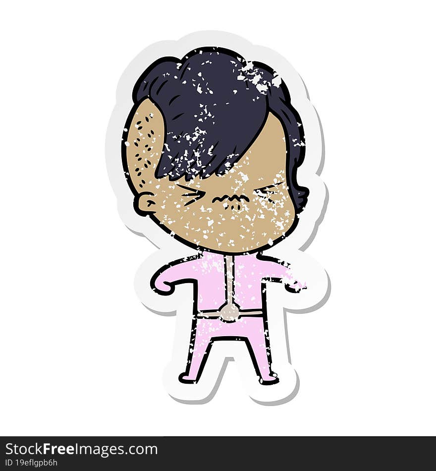 Distressed Sticker Of A Annoyed Girl In Futuristic Clothes